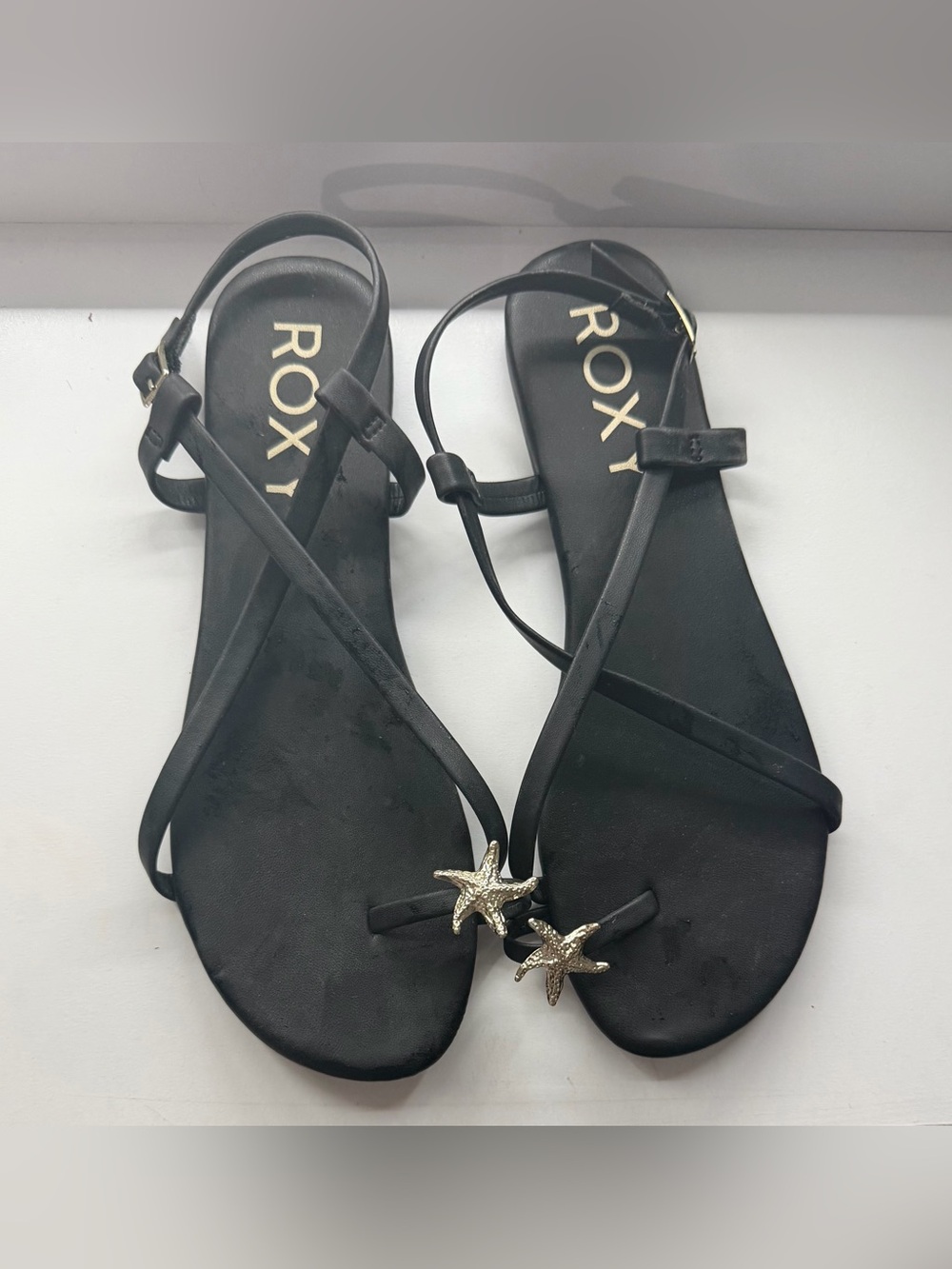 Roxy Black Sandals with Gold Starfish Accents